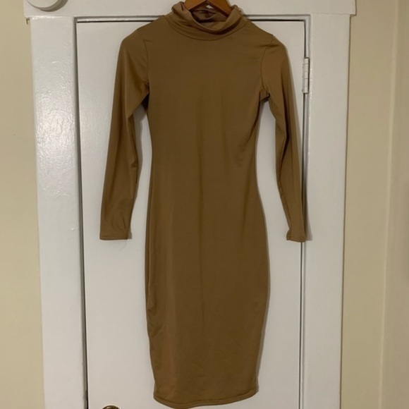 Turtleneck 3/4 Sleeve Midi Tan Dress Size Small - Picture 1 of 8
